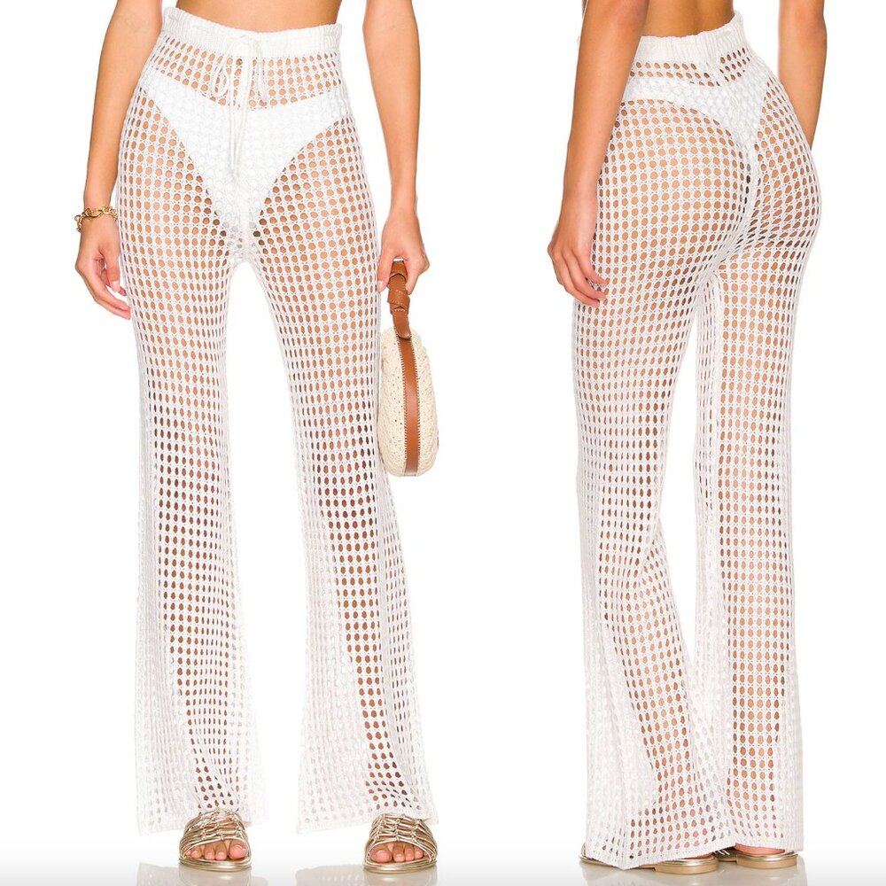 NEW superdown Elektra Crochet Pant in White Sheer Mesh Net Swim Coverup Medium M